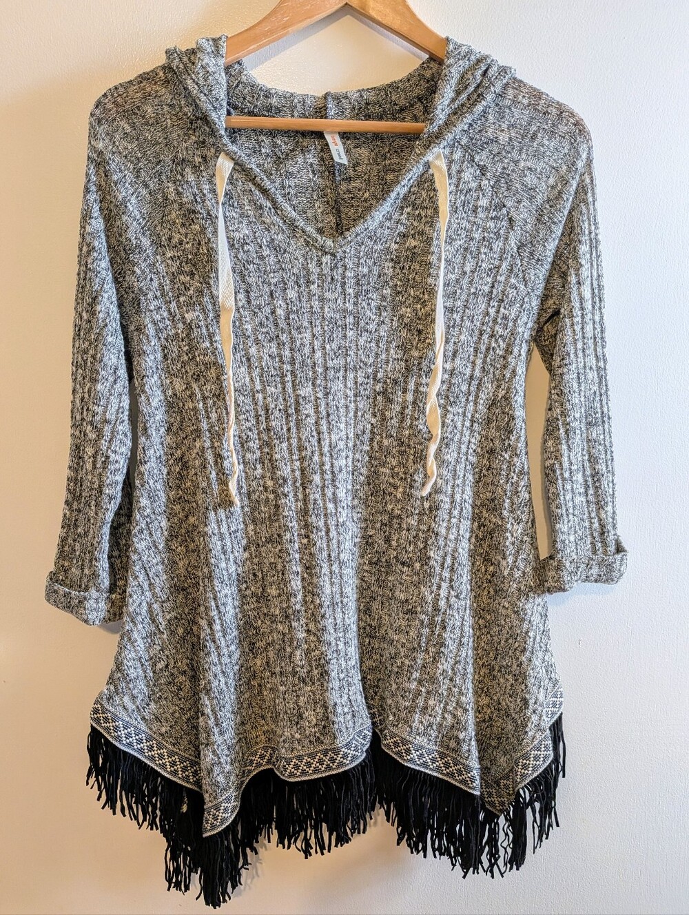 Orange Creek Marled Gray Knit Hooded Fringe Trim Tunic Sweater S Boho Festival